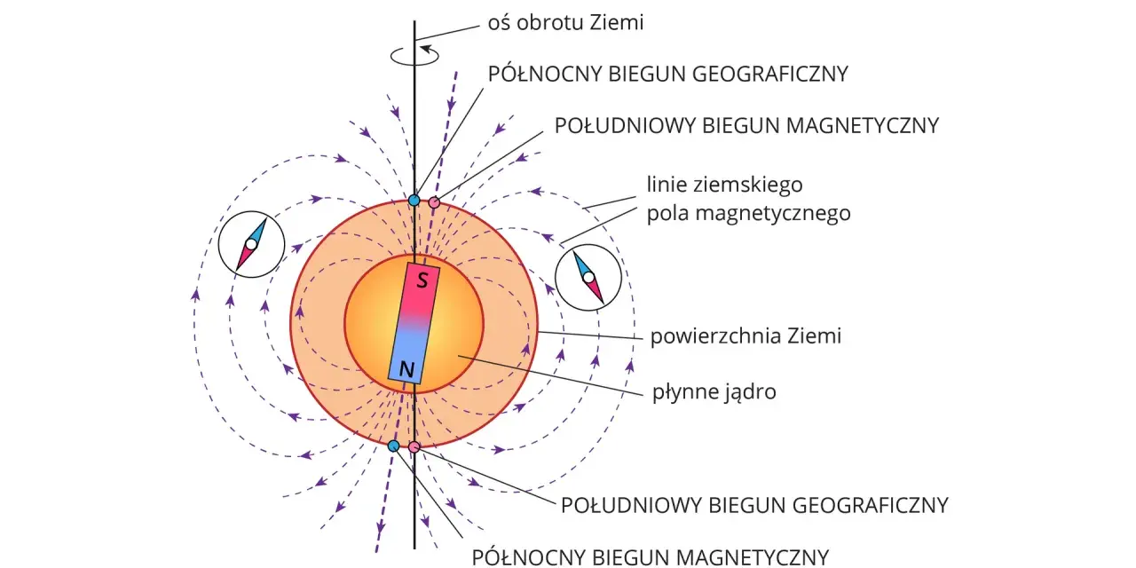 Ilustracja pokazuje, jak działa kompas: igła magnetyczna ustawia się wzdłuż linii pola magnetycznego Ziemi, wskazując biegun północny.