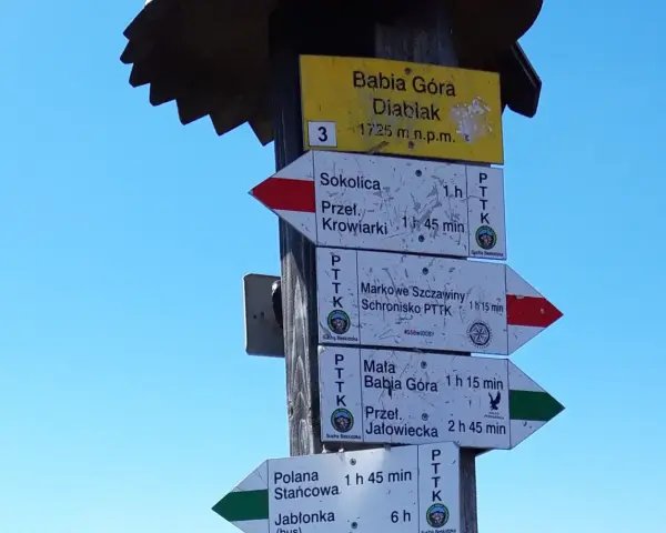 Tablica z drogowskazami na Babiej Górze. Wskazuje szlaki na Diablak, Sokolicę, Markowe Szczawiny i inne.
