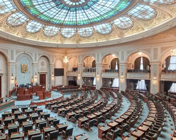 Wnętrze sali plenarnej, gdzie odbywają się obrady bukareszt parlament. Wspaniała, zdobiona kopuła i rzędy pustych miejsc czekają na posłów.
