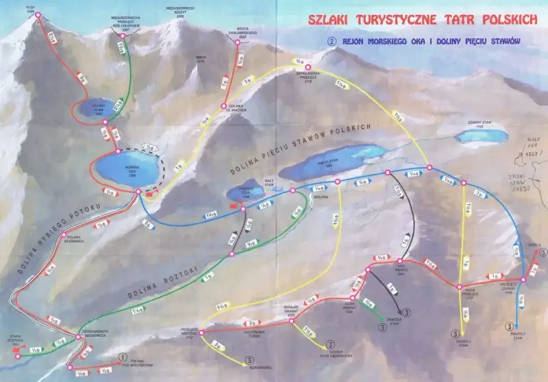 Mapa szlaków Tatr: Morskie Oko i Dolina Pięciu Stawów w jeden dzień. Trasy, czasy przejścia i wysokości.
